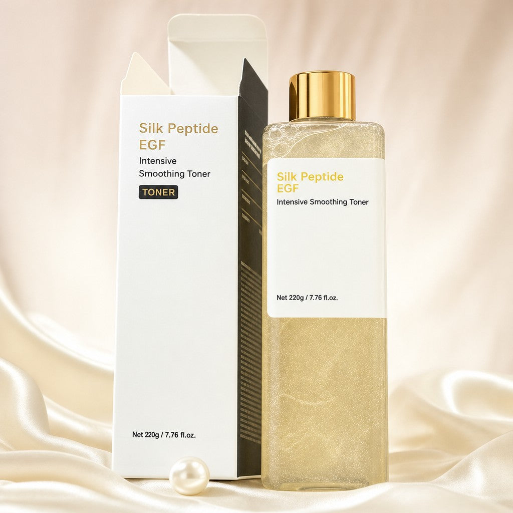 Silk Peptide EGF Intensive Smoothing Toner bottle, 220g, with its box on ivory silk