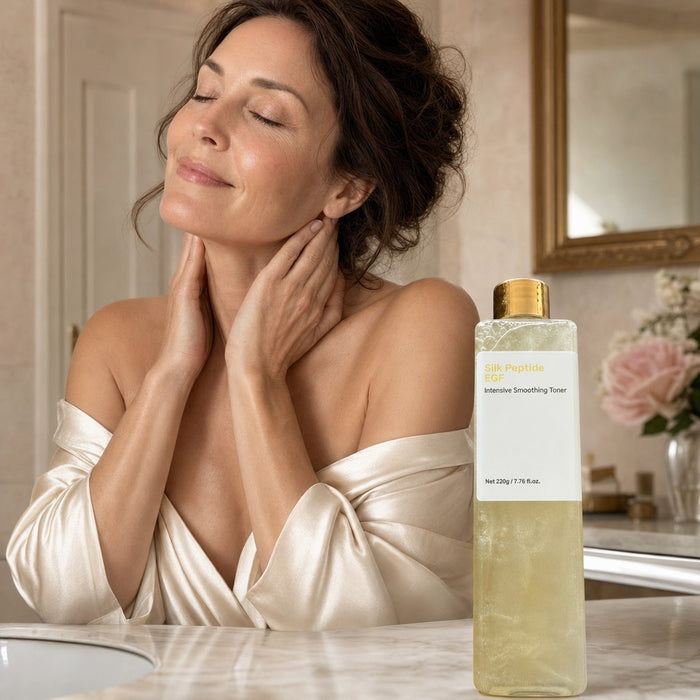 Woman pressing toner into her neck with the bottle on the vanity