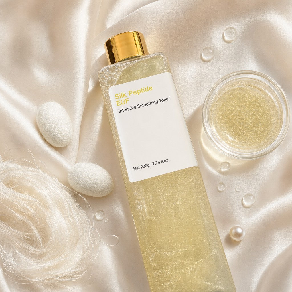 Toner bottle with silk cocoons, raw silk and a pearl