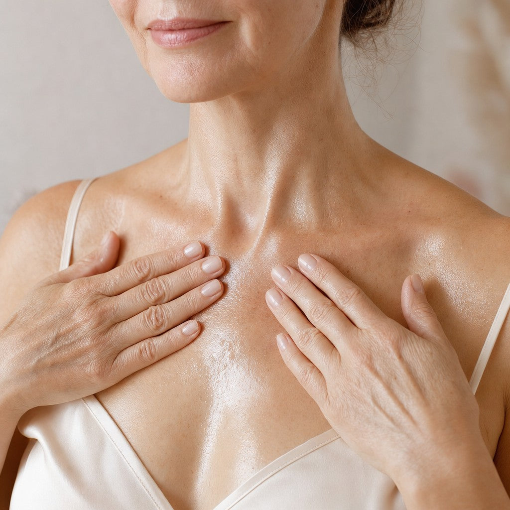 Palms pressing toner into the chest