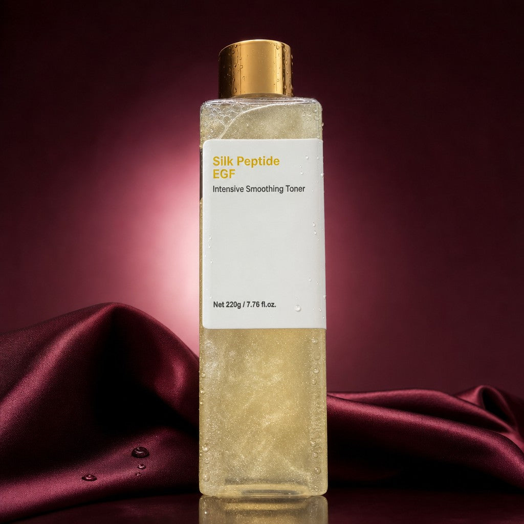 Toner bottle on burgundy satin